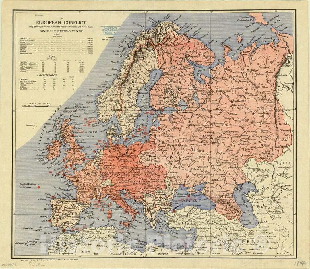 Map : Europe 1914, The European conflict map showing location of modern fortified positions and naval bases , Antique Vintage Reproduction