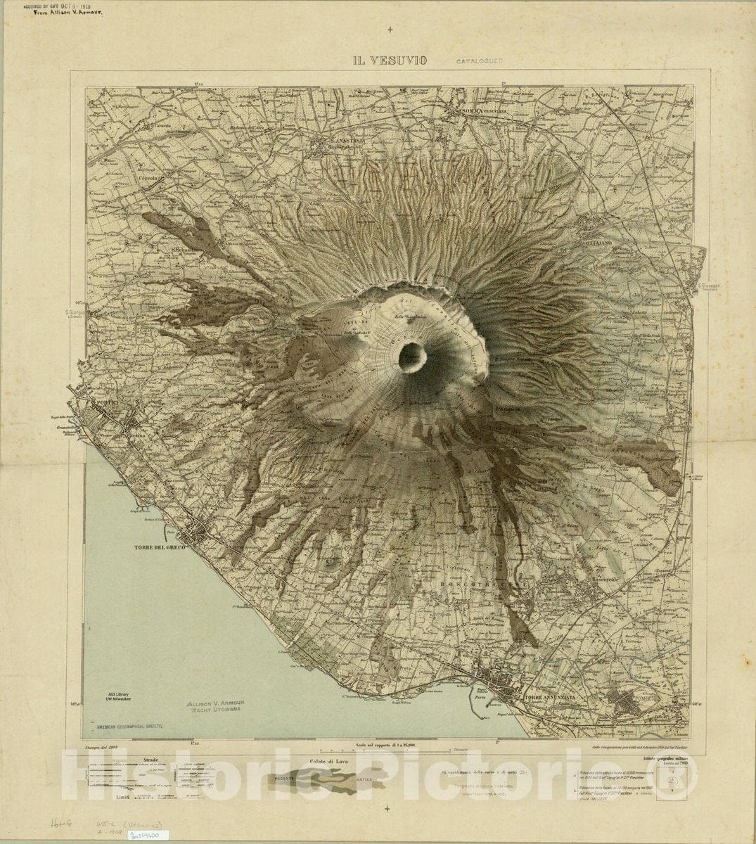 Map : Vesuvius, Italy 1908, Il Vesuvio , Antique Vintage Reproduction