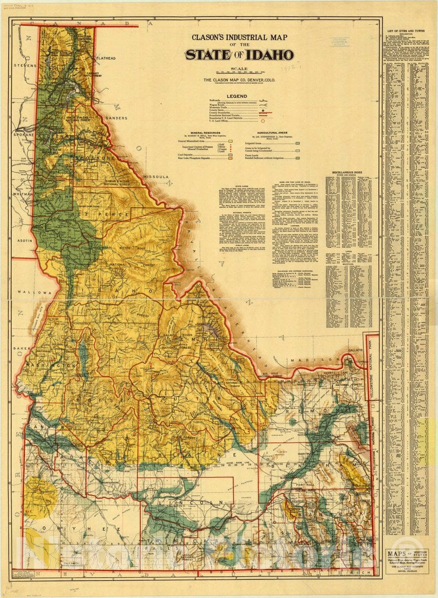 Map : Idaho 1908, Clason's industrial map of the state of Idaho , Antique Vintage Reproduction