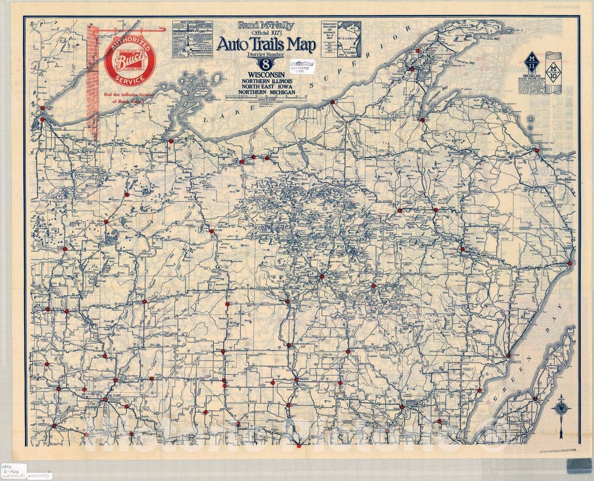 Map : Wisconsin, Northern Illinois, Northeast Iowa, Northern Michigan 1923, Antique Vintage Reproduction