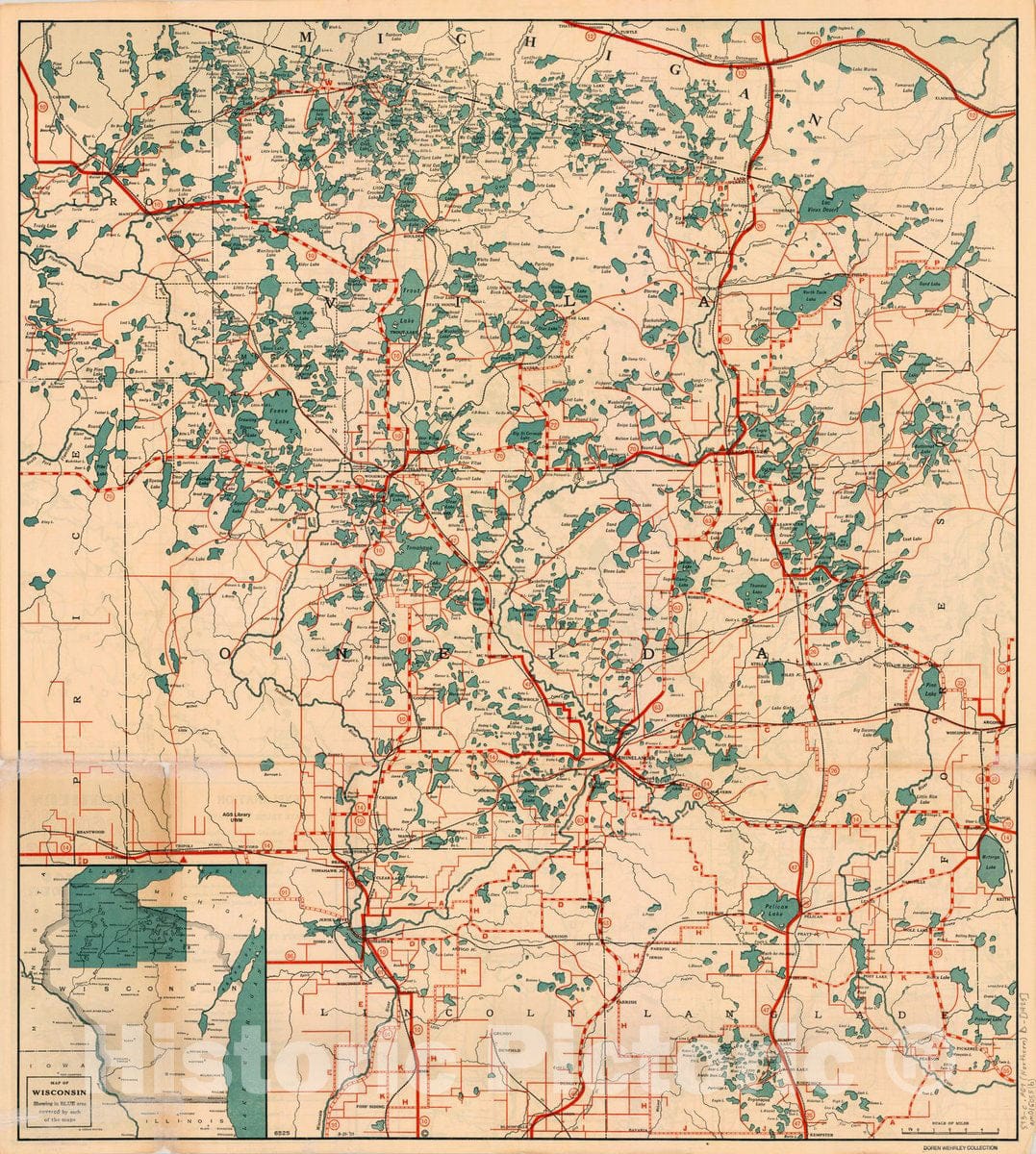 Map : Northern Wisconsin Lakes 1925 1, Northern Wisconsin lakes map folder , Antique Vintage Reproduction