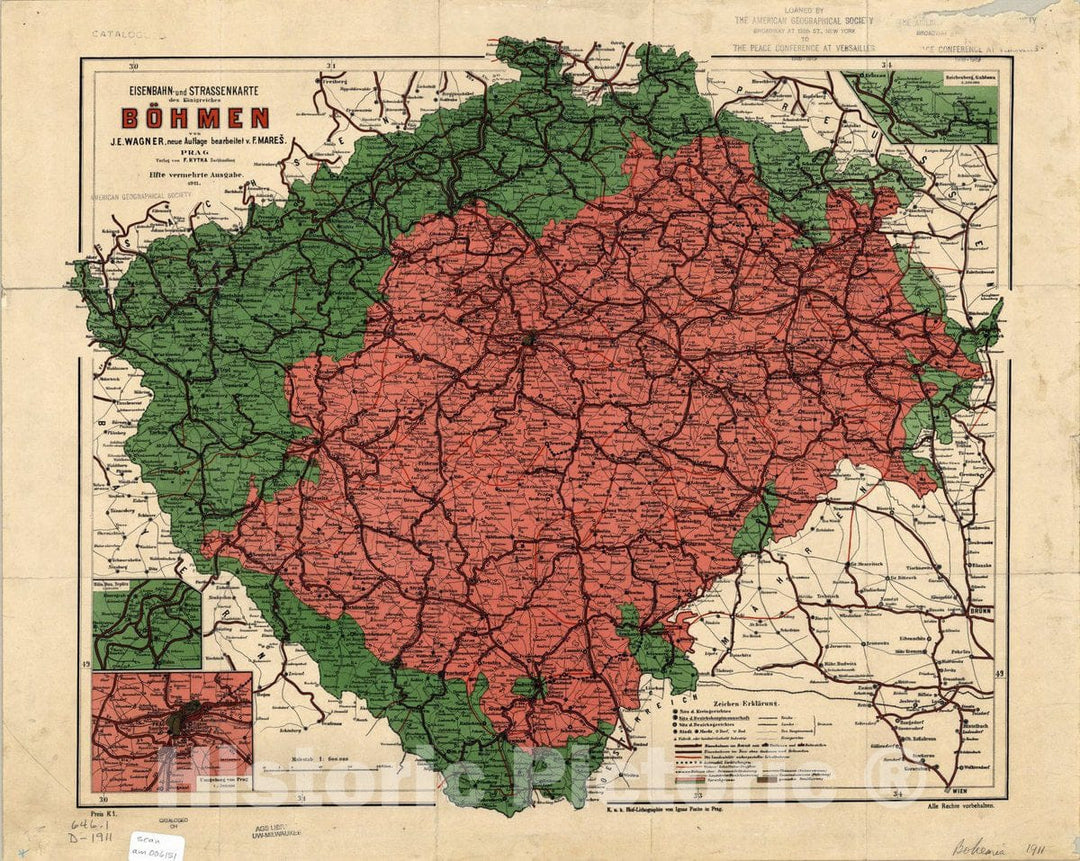 Map : Bohemia (Czech Republic) 1911 railroad map, Eisenbahn- und Strassenkarte des Konigreiches Bohmen , Antique Vintage Reproduction