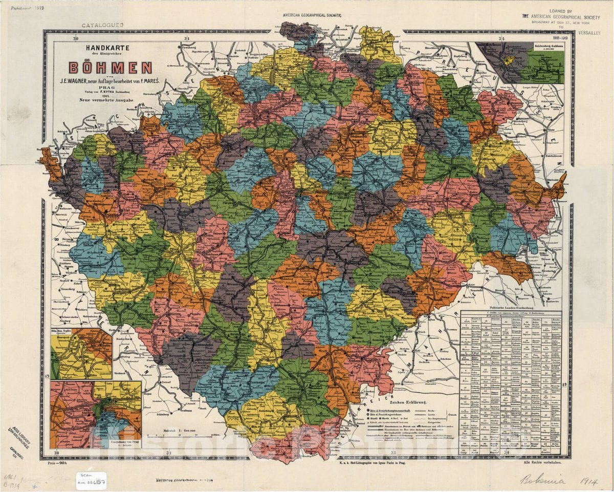 Map : Bohemia (Czech Republic) 1914, Handkarte des Konigreiches Bohmen mit der politischen Einteilung , Antique Vintage Reproduction