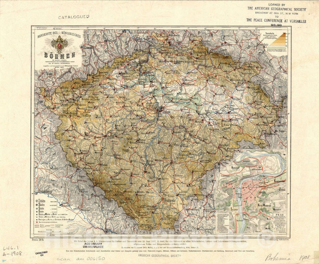 Map : Bohemia (Czech Republic) 1908, Handkarte des Konigreiches Bohmen , Antique Vintage Reproduction