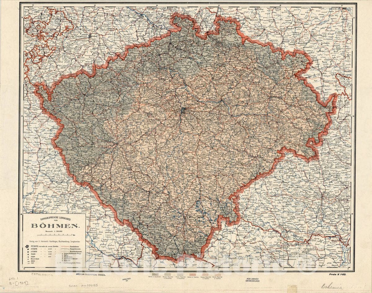 Map : Bohemia (Czech Republic) 1909, Topographische Landkarte von Bohmen , Antique Vintage Reproduction