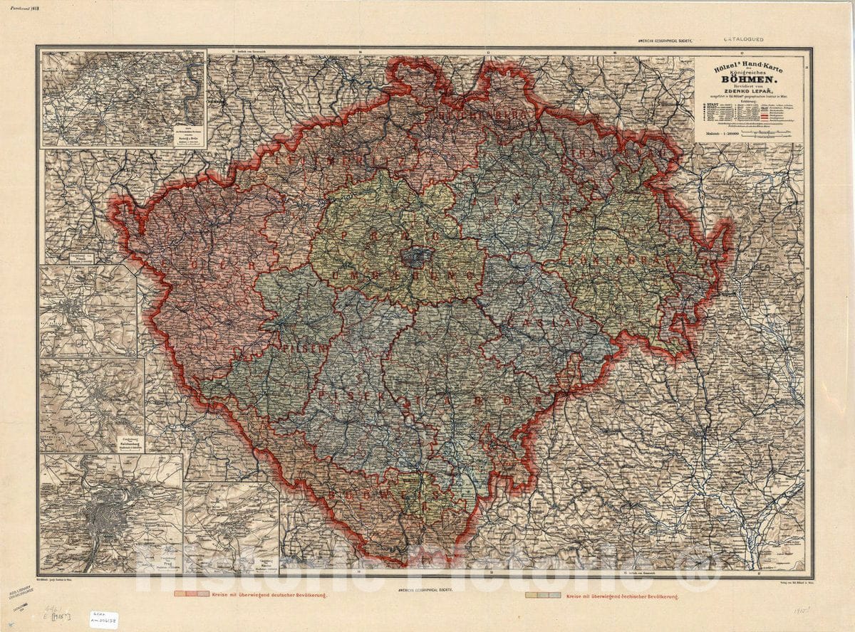 Map : Bohemia (Czech Republic) 1915, Holzel's Hand-Karte des Konigreiches Bohmen , Antique Vintage Reproduction