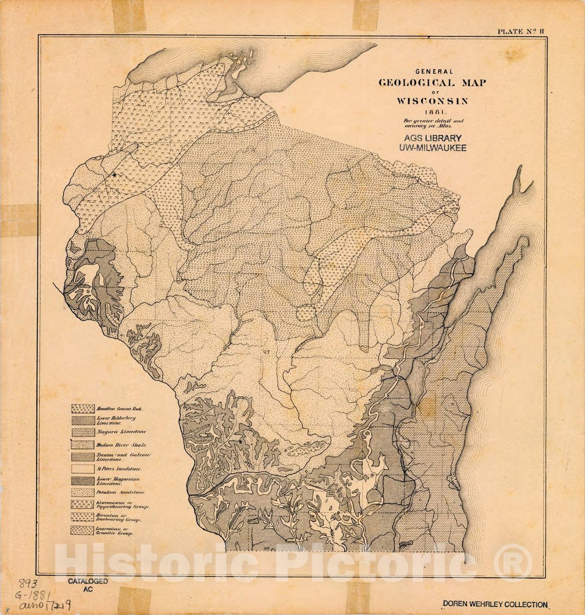 Map : Wisconsin 1881 2, General geological map of Wisconsin, 1881 , Antique Vintage Reproduction