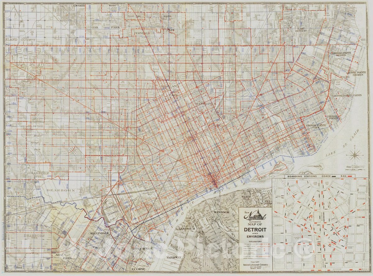 Map : Detroit, Michigan 1949, New National authentic map of Detroit and environs , Antique Vintage Reproduction