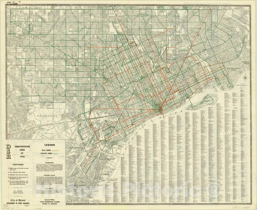 Map : Detroit, Michigan 1948 1, DSR transportation guide of 1948 , Antique Vintage Reproduction