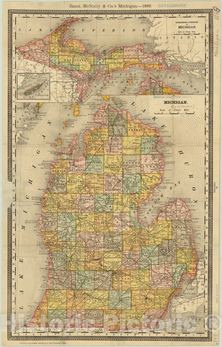 Map : Michigan 1888, Rand, McNally & Co.'s Michigan - 1889, Antique Vintage Reproduction