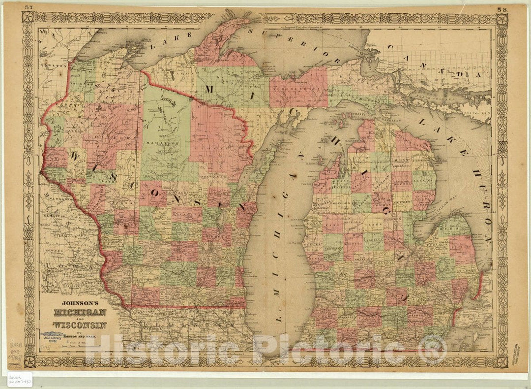 Map : Wisconsin and Michigan 1864, Johnson's Michigan and Wisconsin , Antique Vintage Reproduction