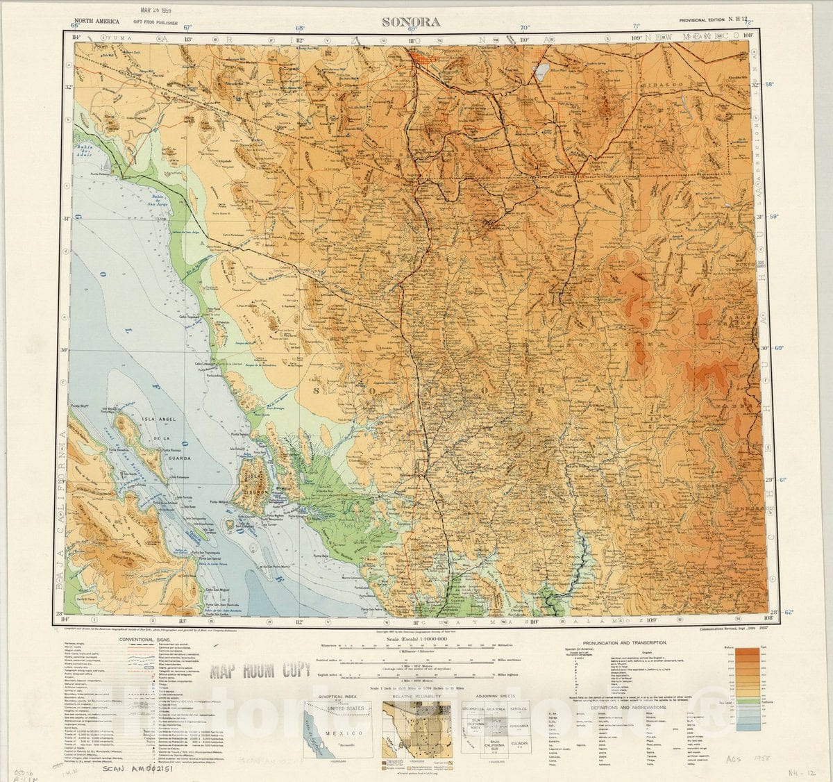 Map : Sonora, Mexico and the United States 1958, Map of Hispanic America, Antique Vintage Reproduction