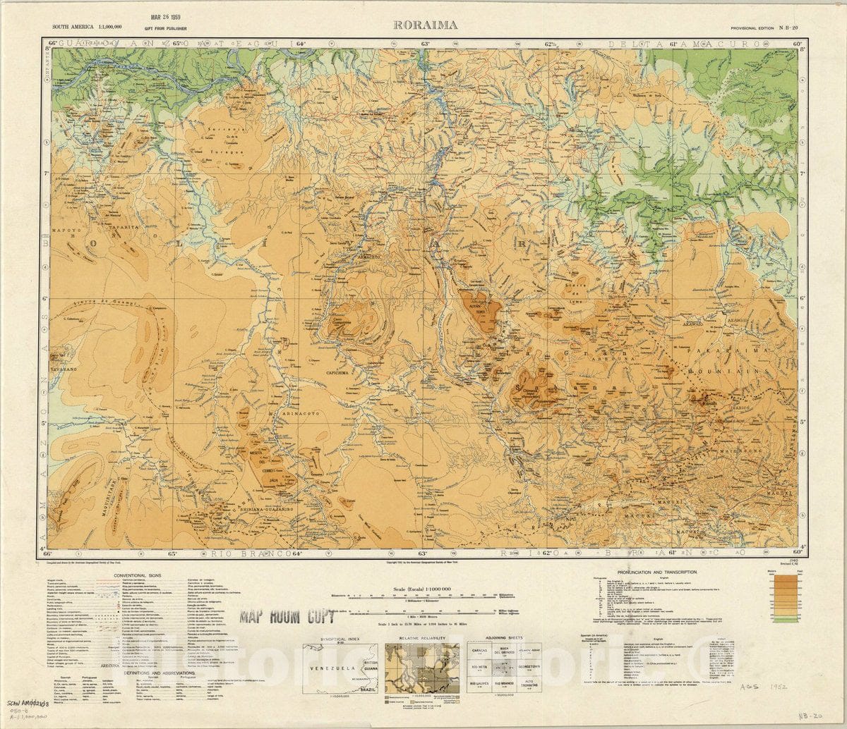 Map : Roraima, Venezuela 1952, Map of Hispanic America, Antique Vintage Reproduction