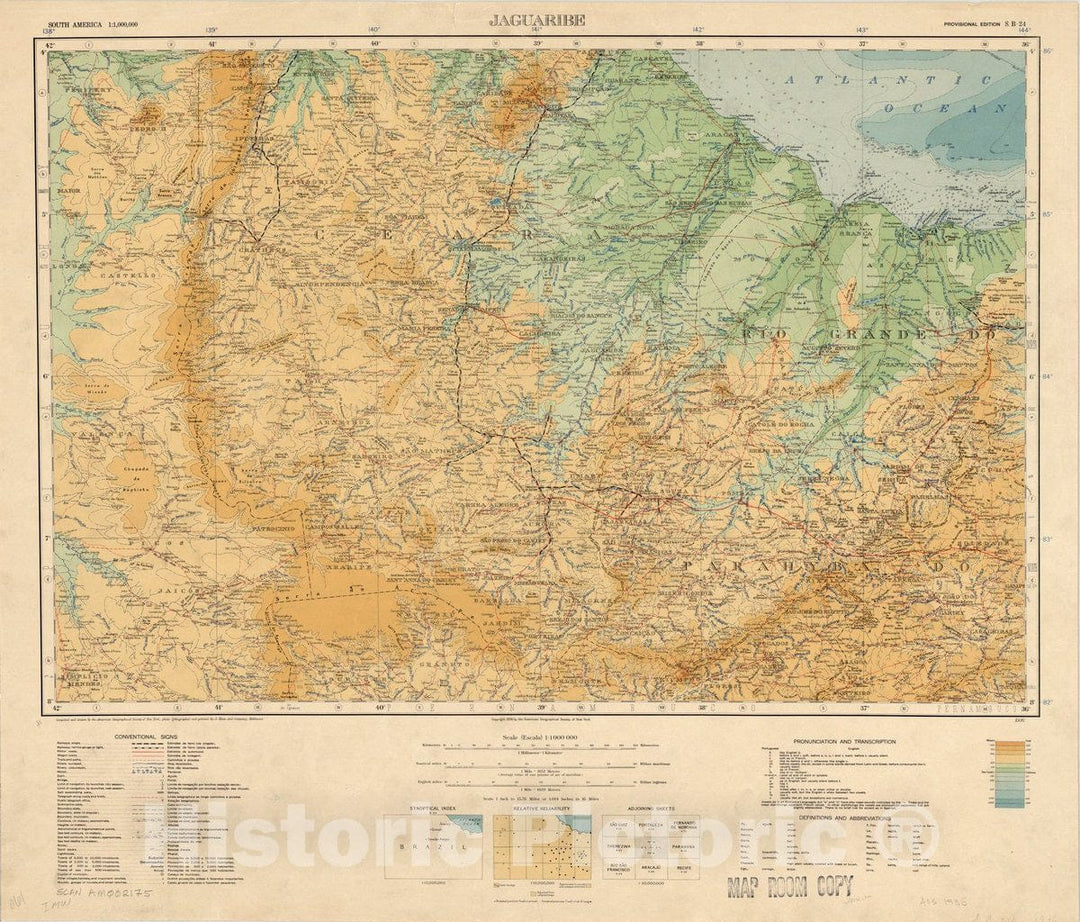 Map : Jaguaribe, Brazil 1936, Map of Hispanic America, Antique Vintage Reproduction