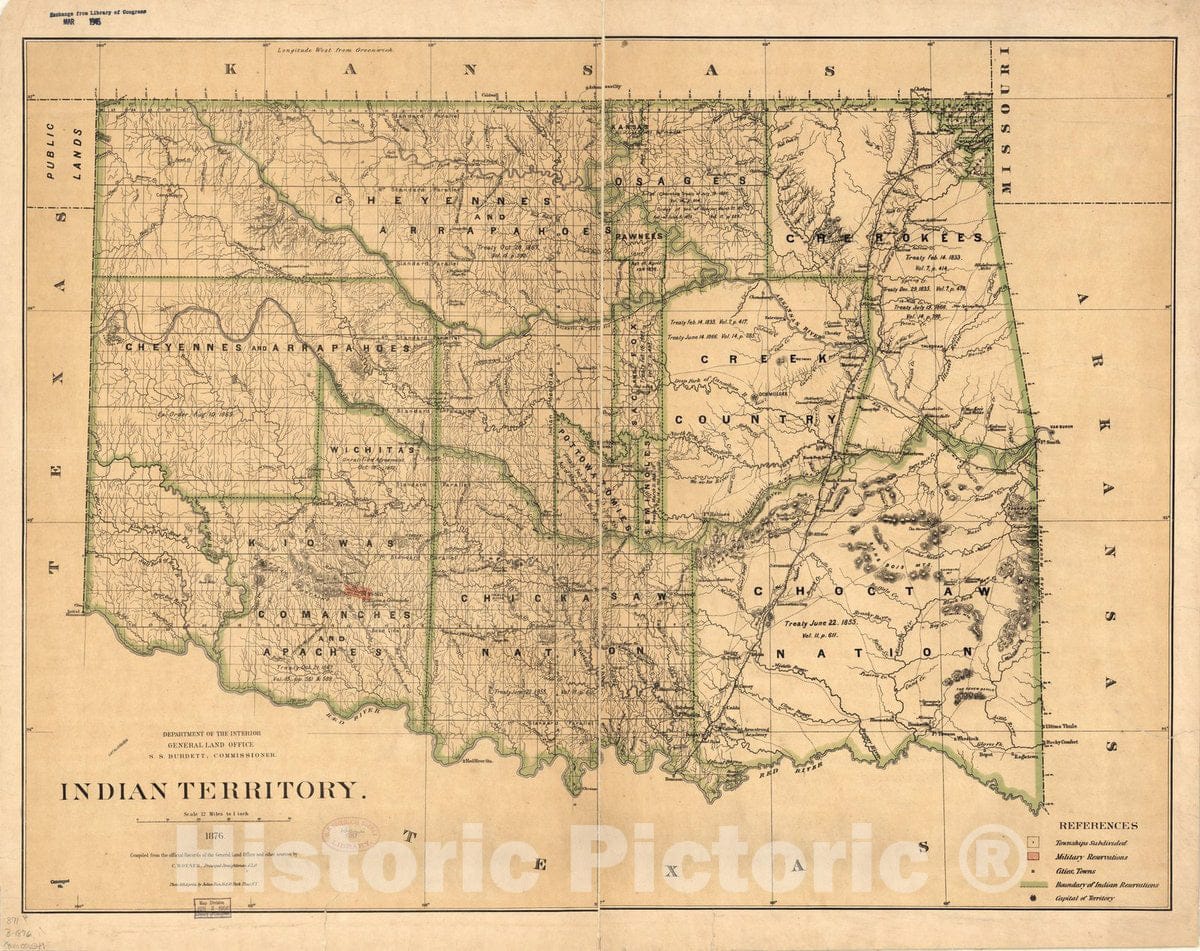 Map : Oklahoma 1879, Indian Territory, 1876 , Antique Vintage Reproduction