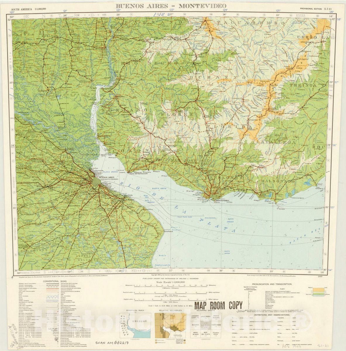 Map : Buenos Aires-Montevideo, Argentina and Uruguay 1940, Map of Hispanic America, Antique Vintage Reproduction