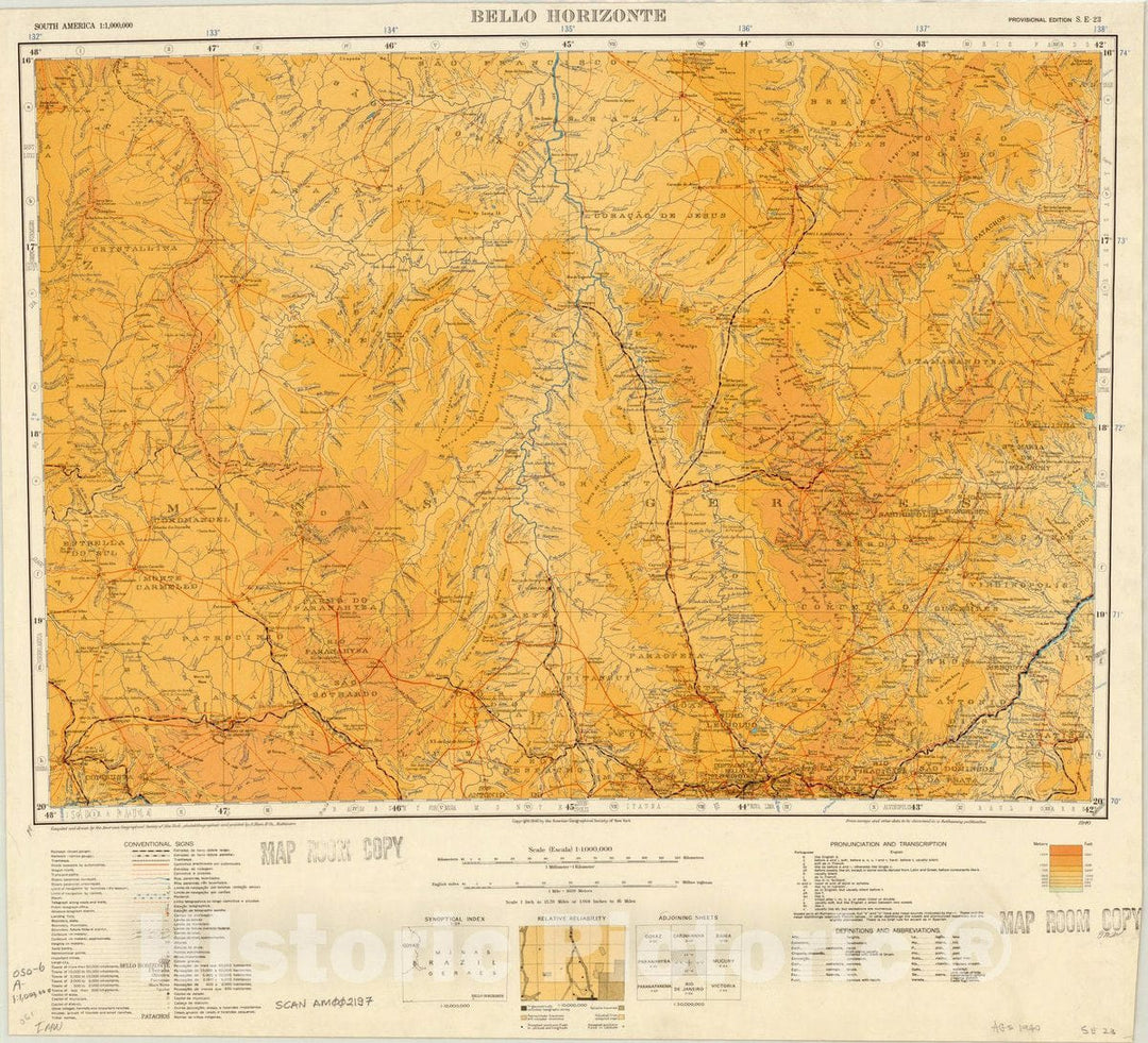 Map : Bello Horizonte, Brazil 1940, Map of Hispanic America, Antique Vintage Reproduction