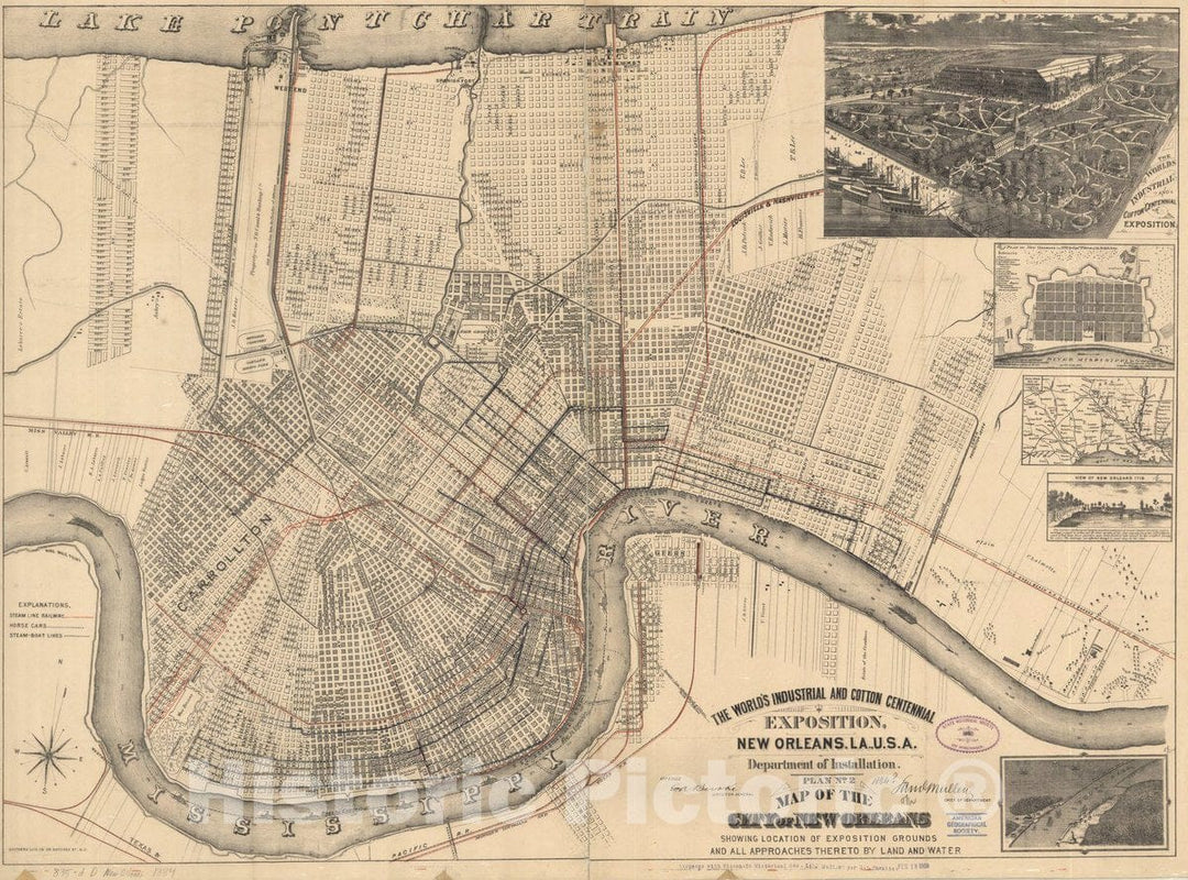 Historic Map : New Orleans (Louisiana) 1884, exposition grounds, Map of the city of New Orleans showing location of exposition grounds and all approaches thereto by land and water