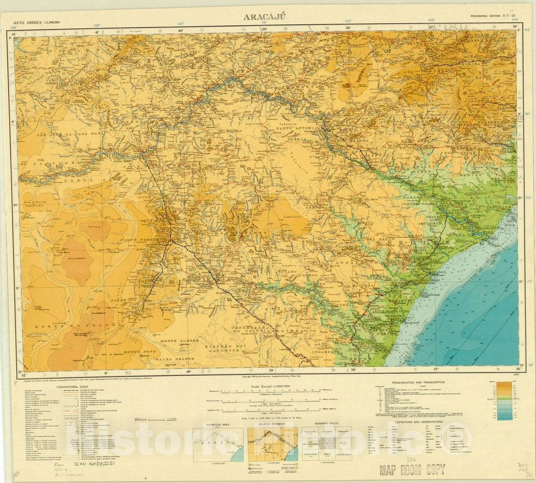 Map : Aracaju, Brazil 1936, Map of Hispanic America, Antique Vintage Reproduction