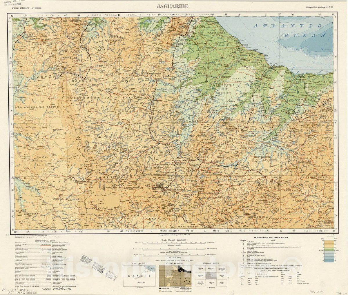 Map : Jaguaribe, Brazil 1936 1952, Map of Hispanic America, Antique Vintage Reproduction