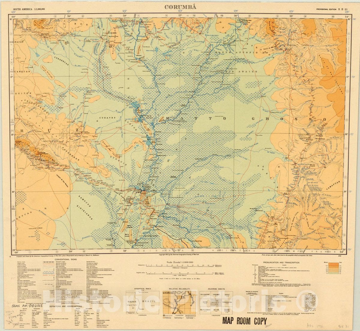 Map : Corumba, Brazil and Bolivia 1931, Map of Hispanic America, Antique Vintage Reproduction