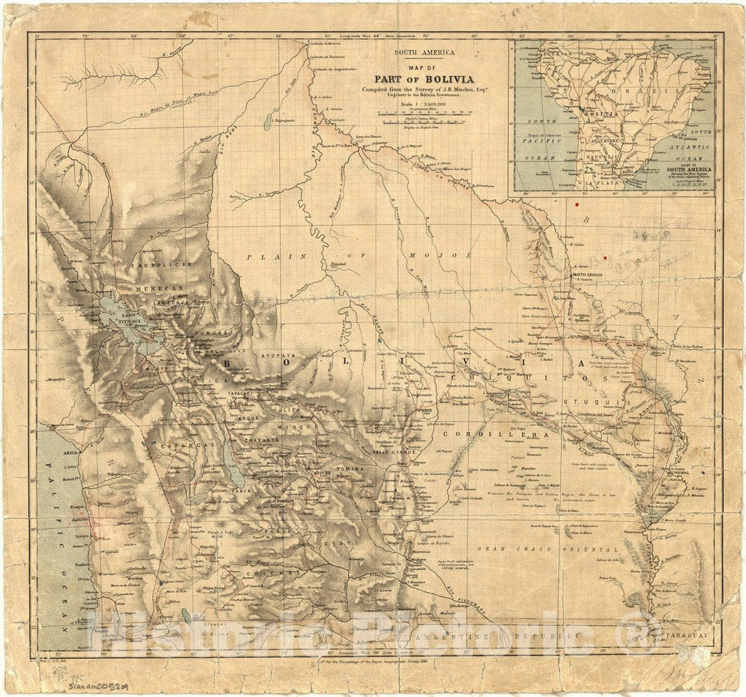 Map : Peru and Bolivia 1881, South America : map of part of Bolivia , Antique Vintage Reproduction