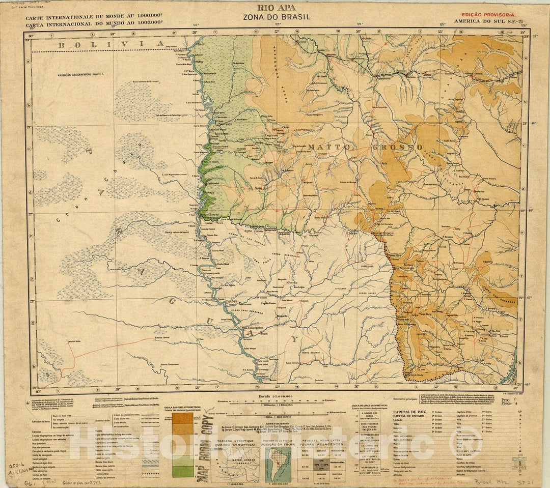 Map : Rio Apa, Zona do Brazil 1922, Carte Internationale du monde au 1.000.000. Rio Apa, Zona do Brasil, America do Sul S.F. - 21, Antique Vintage Reproduction