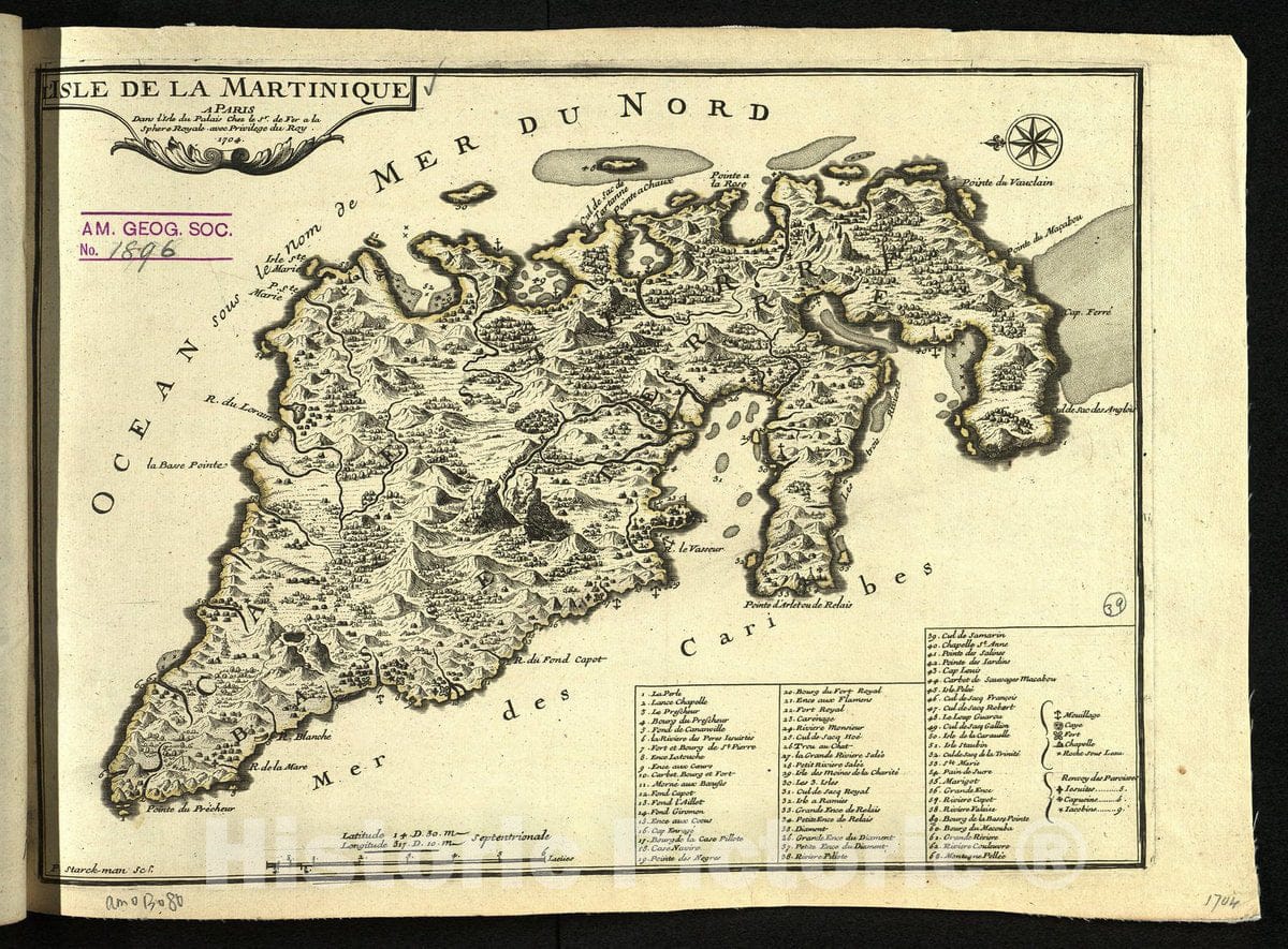 Map : Martinique 1704, L'Isle de la Martinique , Antique Vintage Reproduction