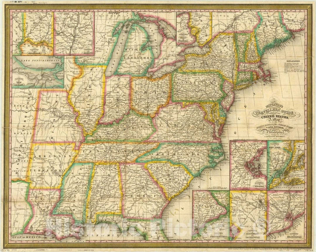 Historic Map : United States 1833, Mitchell's travellers guide through the United States : a map of the roads, distances, steam boat & canal routes &c , Antique Vintage Reproduction