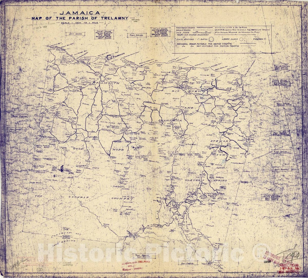 Map : Trelawny, Jamaica 1940, Jamaica : map of the Parish of Trelawny, Antique Vintage Reproduction