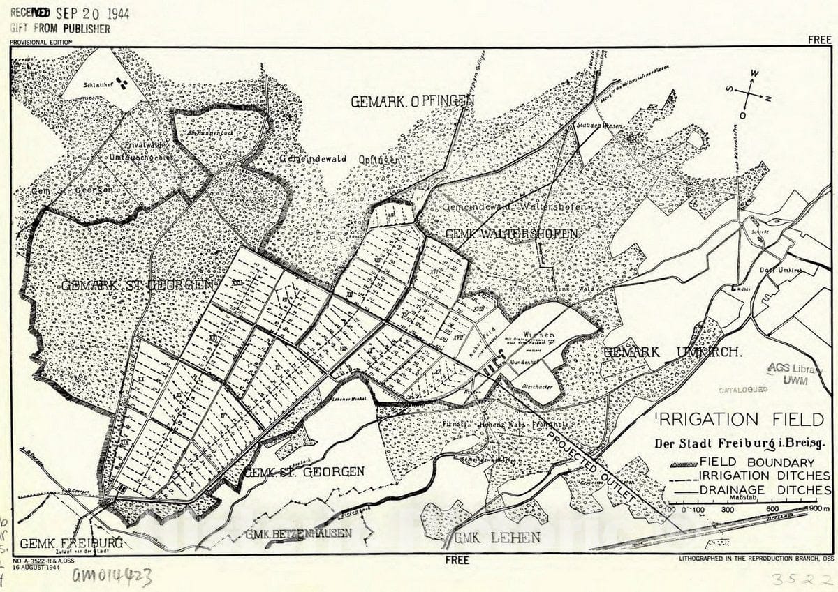 Map : Freiburg im Breisgau, Germany 1944, Irrigation field der Stadt Freiburg i. Breisg. , Antique Vintage Reproduction