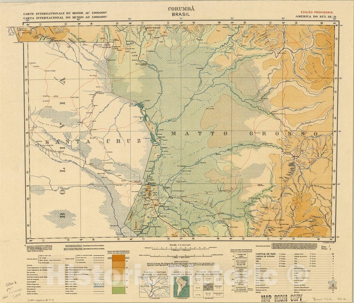 Map : Corumba, Brazil 1922, Carte Internationale du monde au 1.000.000. Corumba?, Brasil, America do Sul S.E. - 21, Antique Vintage Reproduction