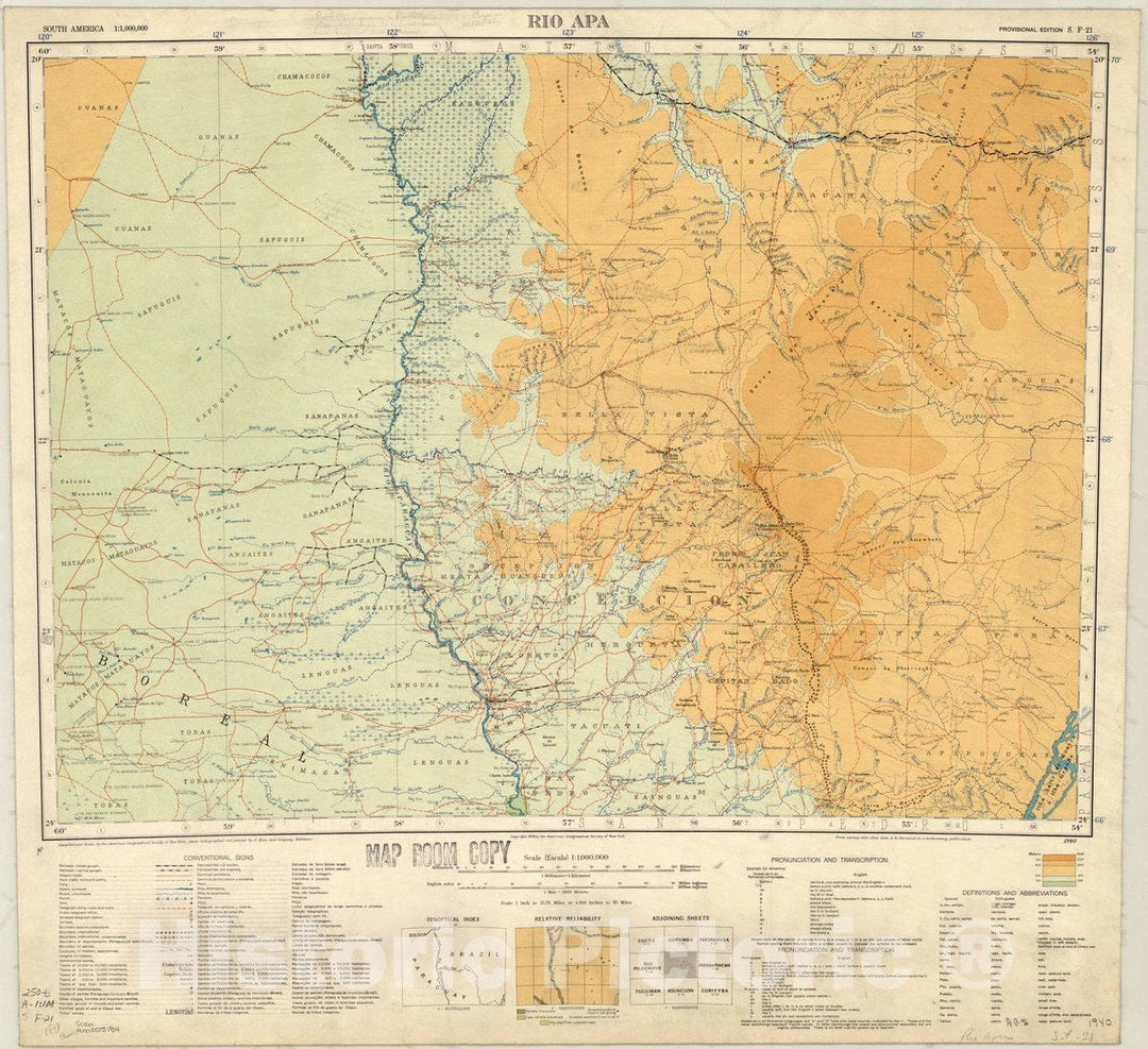 Map : Rio Apa, South America 1940, South America 1:1,000,000, Rio Apa , Antique Vintage Reproduction