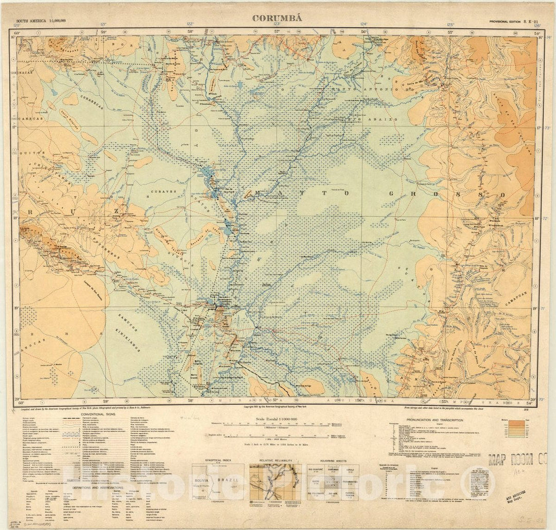 Map : Corumba, Brazil 1931, South America 1:1,000,000. Corumba? , Antique Vintage Reproduction