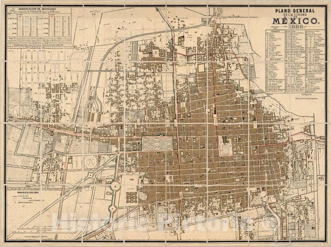 Map : Mexico City, Mexico 1880, Plano general de la Ciudad de Me?xico,1880. , Antique Vintage Reproduction