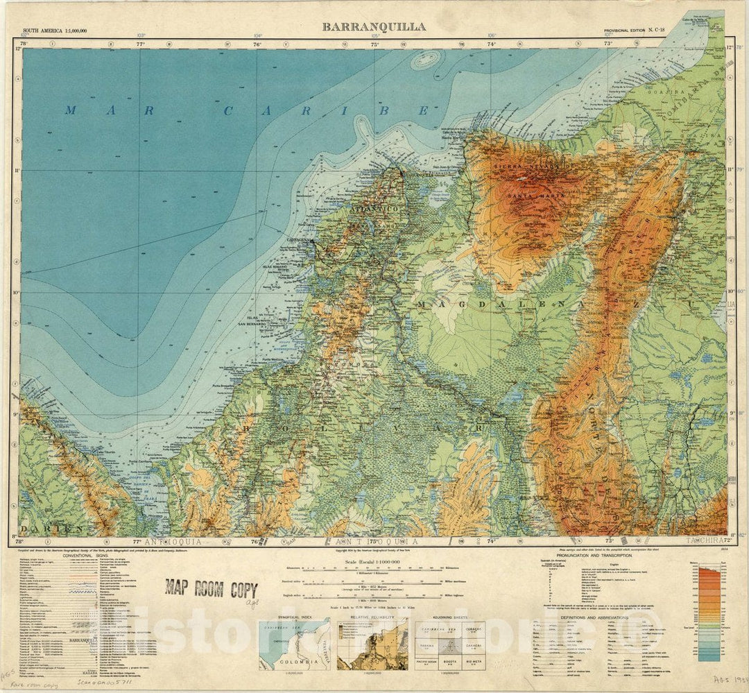 Map : Barranquilla, Colombia 1934, South America 1:1,000,000. Barranquilla , Antique Vintage Reproduction