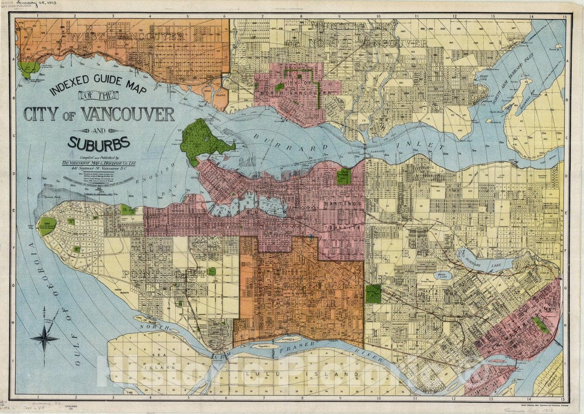 Map : Vancouver, British Columbia 1912, Indexed guide map of the City of Vancouver and suburbs , Antique Vintage Reproduction