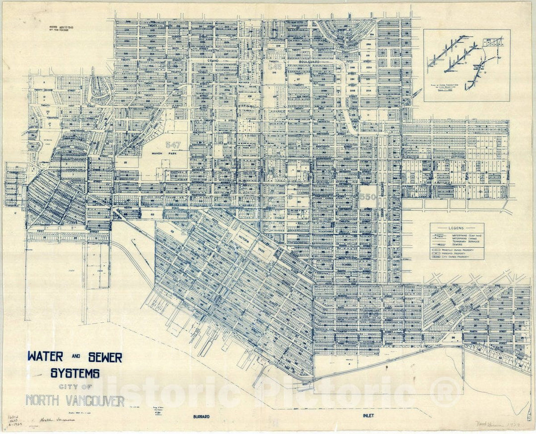 Map : Vancouver, British Columbia 1929, Water and sewer systems of City of North Vancouver , Antique Vintage Reproduction