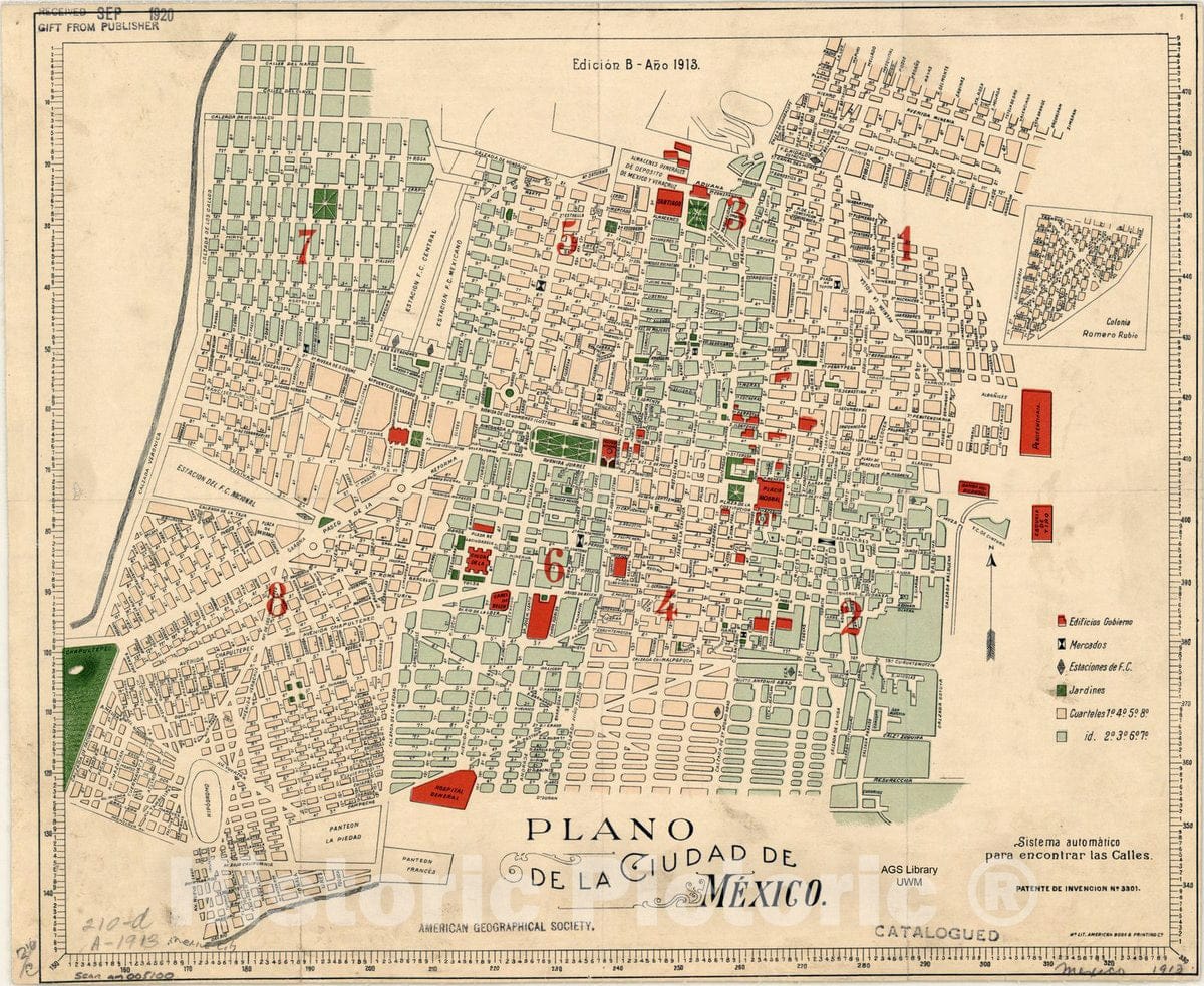 Map : Mexico City, Mexico 1913, Plano de la Ciudad de Me?xico, Antique Vintage Reproduction