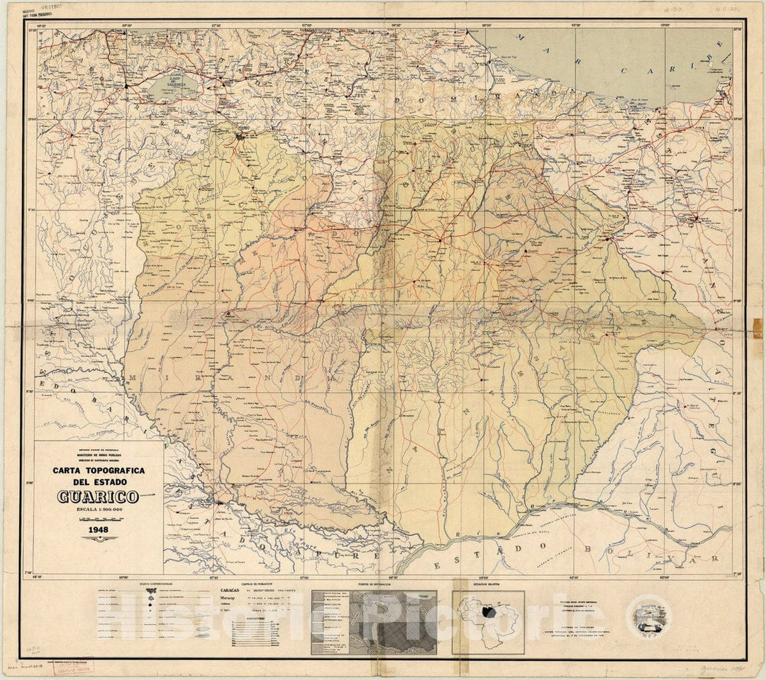 Map : Guarico, Venezuela 1948, Carta topografica del Estado Guarico , Antique Vintage Reproduction