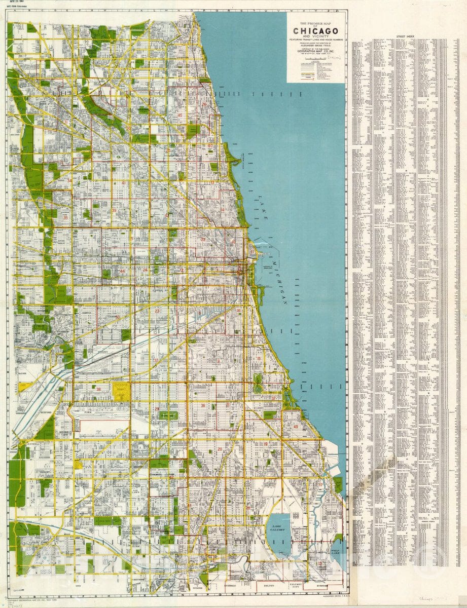 Map : Chicago, Illinois 1956, The Premier map of Chicago and vicinity : featuring transit lines and house numbers , Antique Vintage Reproduction