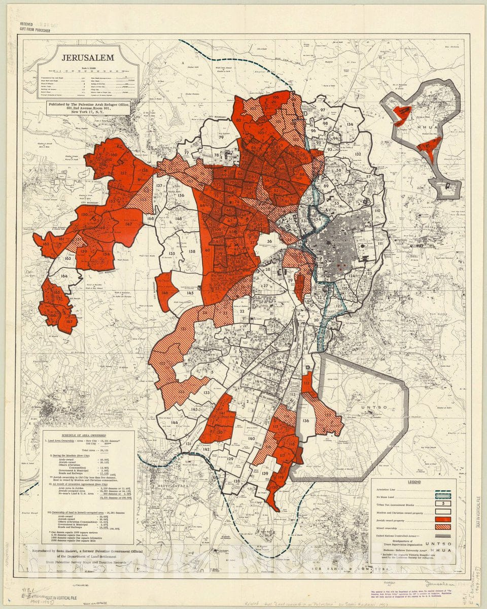 Map : Jerusalem 1948, Jerusalem : schedule of area ownership , Antique Vintage Reproduction