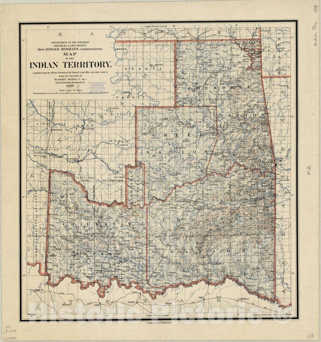 Map : Indian Territory 1899, Map of the Indian Territory , Antique Vintage Reproduction