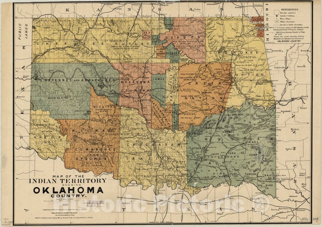 Map : Indian Territory 1889, Map of the Indian Territory showing Oklahoma Country , Antique Vintage Reproduction