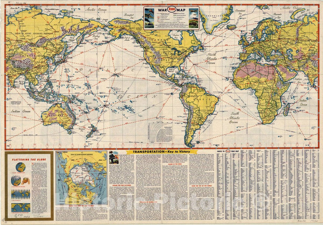 Map : World map 1942 1, Esso war map : featuring transportation, the key to every successful campaign , Antique Vintage Reproduction