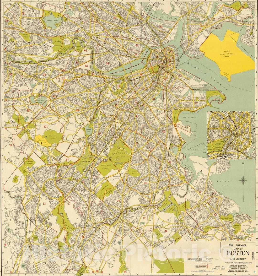 Map : Boston, Mass. 194-?, The premier map of Boston and vicinity : featuring transit lines & house numbers , Antique Vintage Reproduction