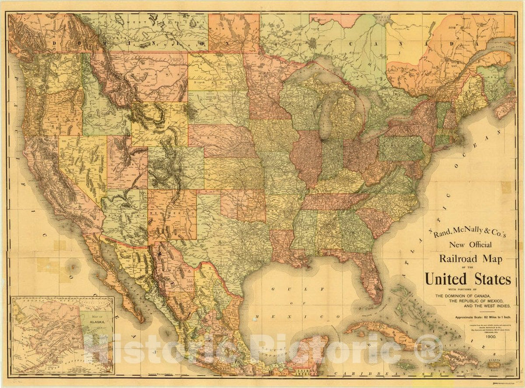 Map : United States 1900, Rand McNally & Co.'s new official railroad map of the United States with portions of the Dominion of Canada, Antique Vintage Reproduction