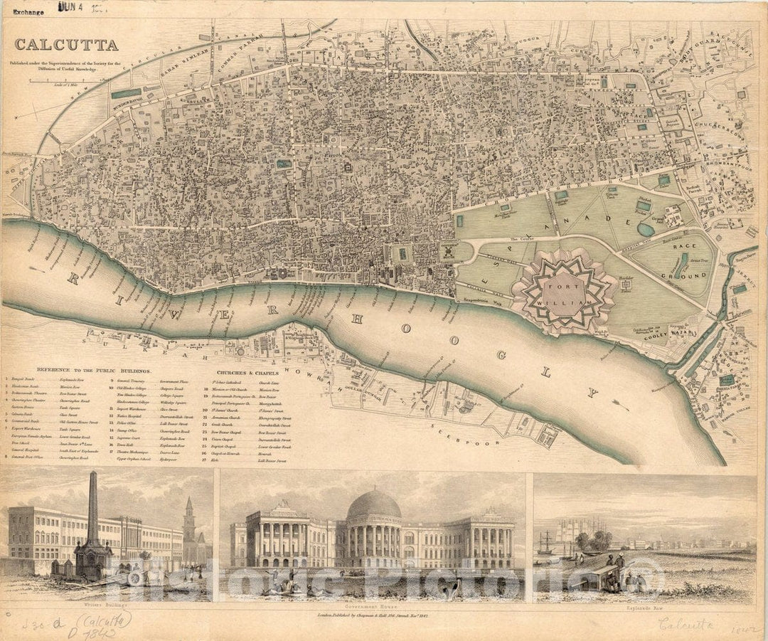 Map : Calcutta, India 1842, Calcutta , Antique Vintage Reproduction