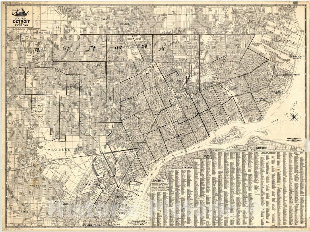 Map : Detroit , New National authentic map of Detroit and environs , Antique Vintage Reproduction