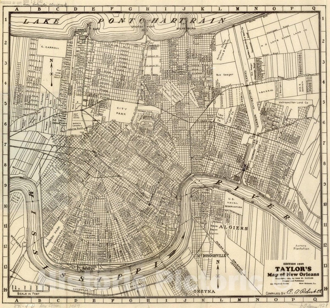 Map : New Orleans , Taylor's map of New Orleans , Antique Vintage Reproduction